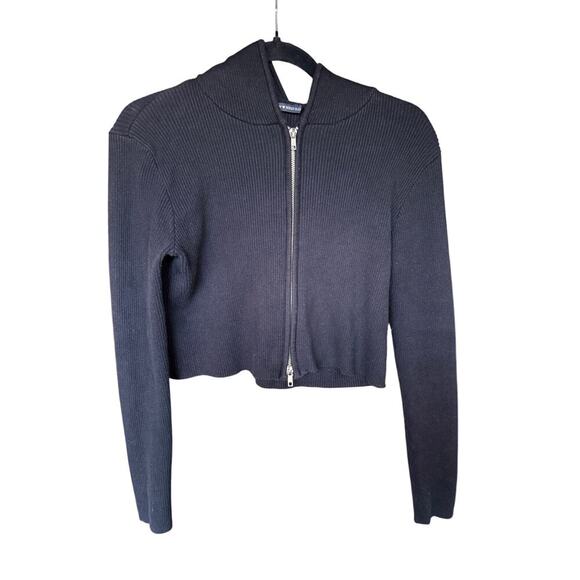 Brandy Melville Black Knit Cropped Zip Up Hoodie Women’s One Size - Picture 3 of 11